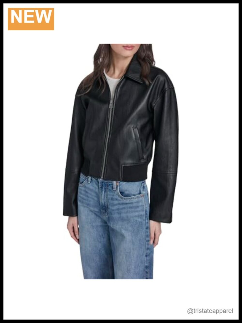 Women's Faux Leather Bomber Jacket with Laydown Collar